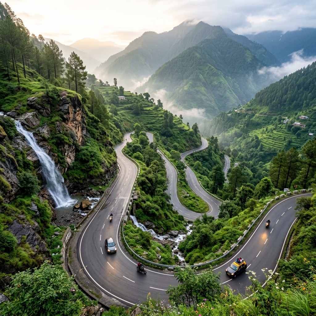 Scenic mountain road winding through Himalayan hills India