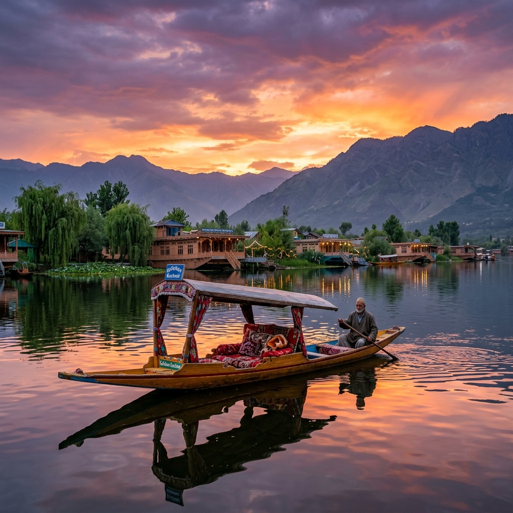 Dal Lake houseboat at sunset, Kashmir