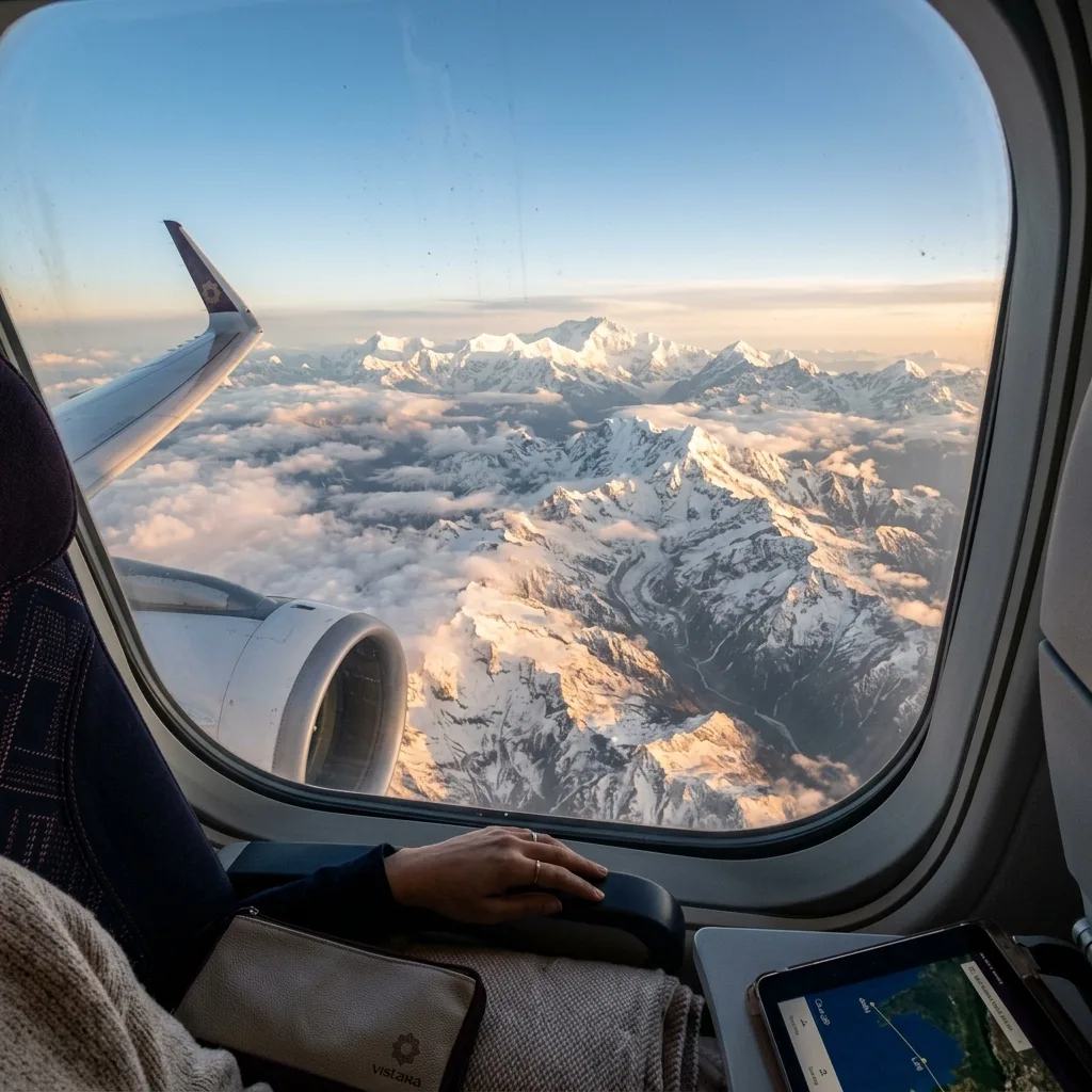 Airplane window view over Indian Himalayas