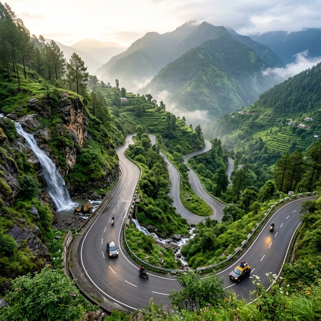 Scenic mountain road winding through Himalayan hills India